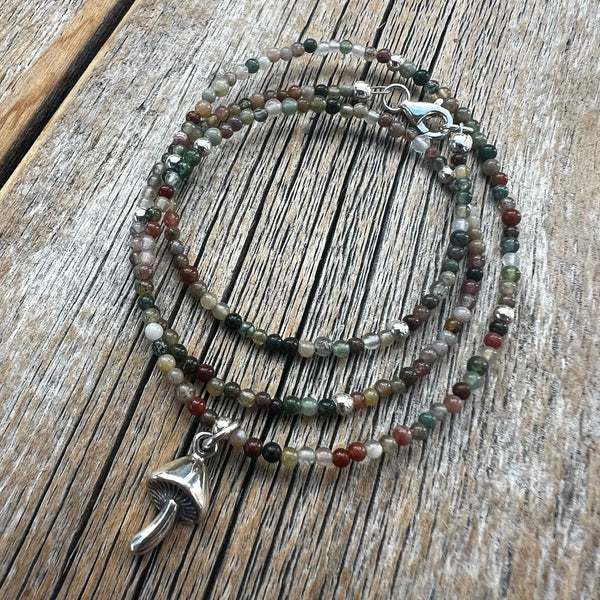 Sterling Silver Mushroom Necklace – Jasper Beaded Boho Pendant