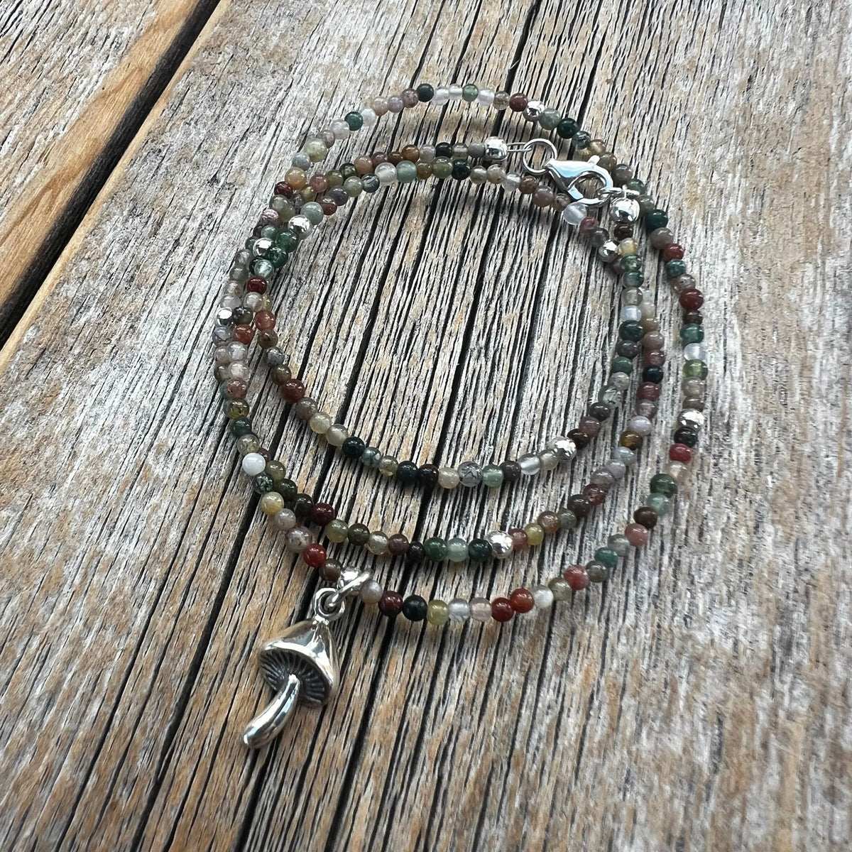 Sterling Silver Mushroom Necklace – Jasper Beaded Boho Pendant