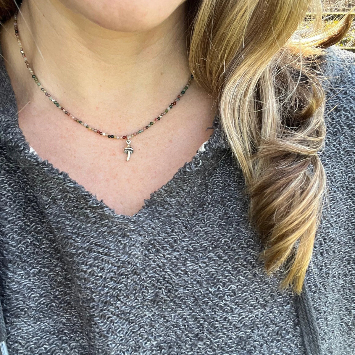 Sterling Silver Mushroom Necklace – Jasper Beaded Boho Pendant