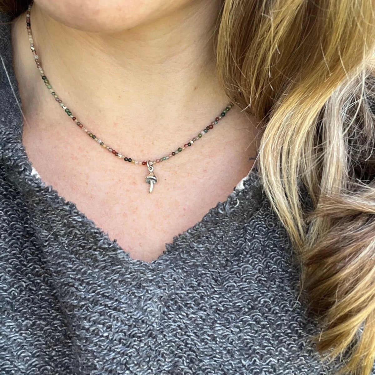 Sterling Silver Mushroom Necklace – Jasper Beaded Boho Pendant
