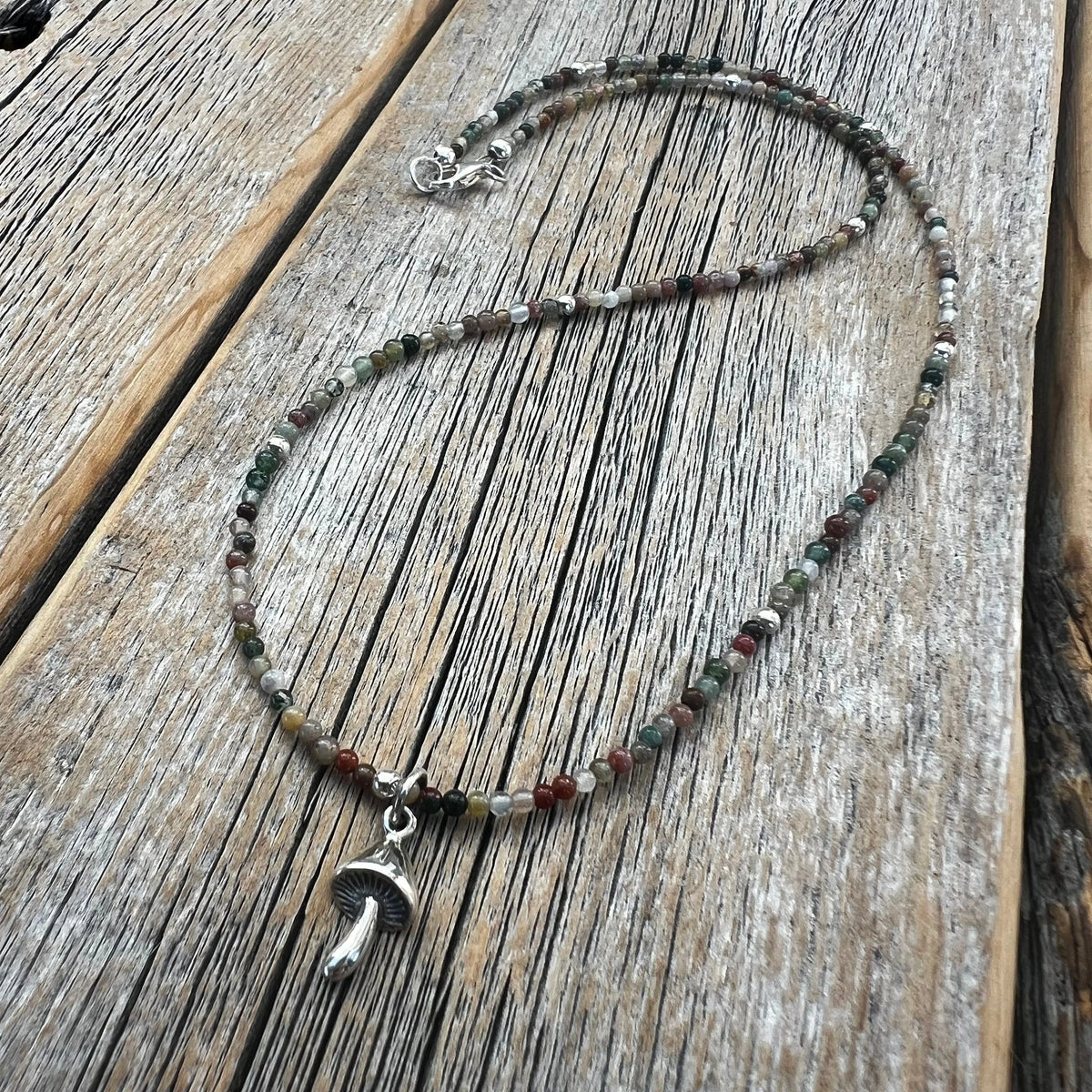 Sterling Silver Mushroom Necklace – Jasper Beaded Boho Pendant
