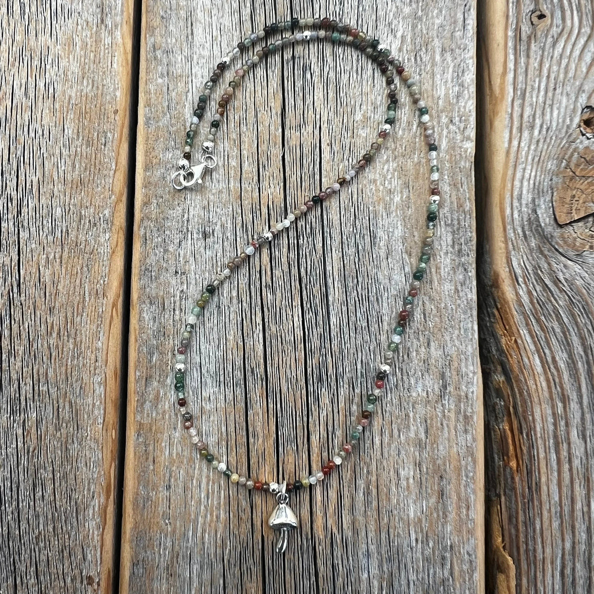 Sterling Silver Mushroom Necklace – Jasper Beaded Boho Pendant