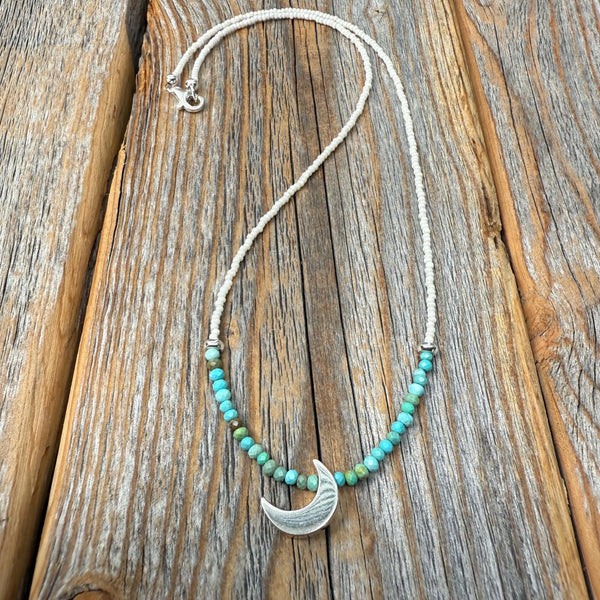 Sterling Silver Turquoise Moon Necklace, Boho Beaded Celestial Jewelry