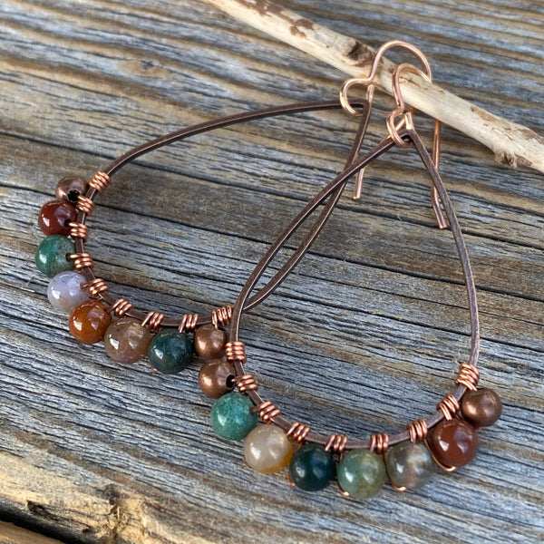Teardrop Jasper Earrings – Colorful Copper Boho Stone Jewelry, Wire-Wrapped Rainbow Dangles, Unique Rustic Bohemian Handmade Gift for Her