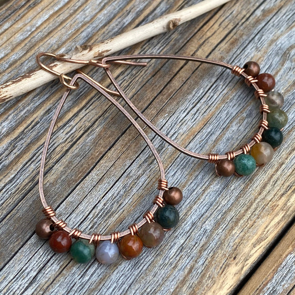 Teardrop Jasper Earrings – Colorful Copper Boho Stone Jewelry, Wire-Wrapped Rainbow Dangles, Unique Rustic Bohemian Handmade Gift for Her
