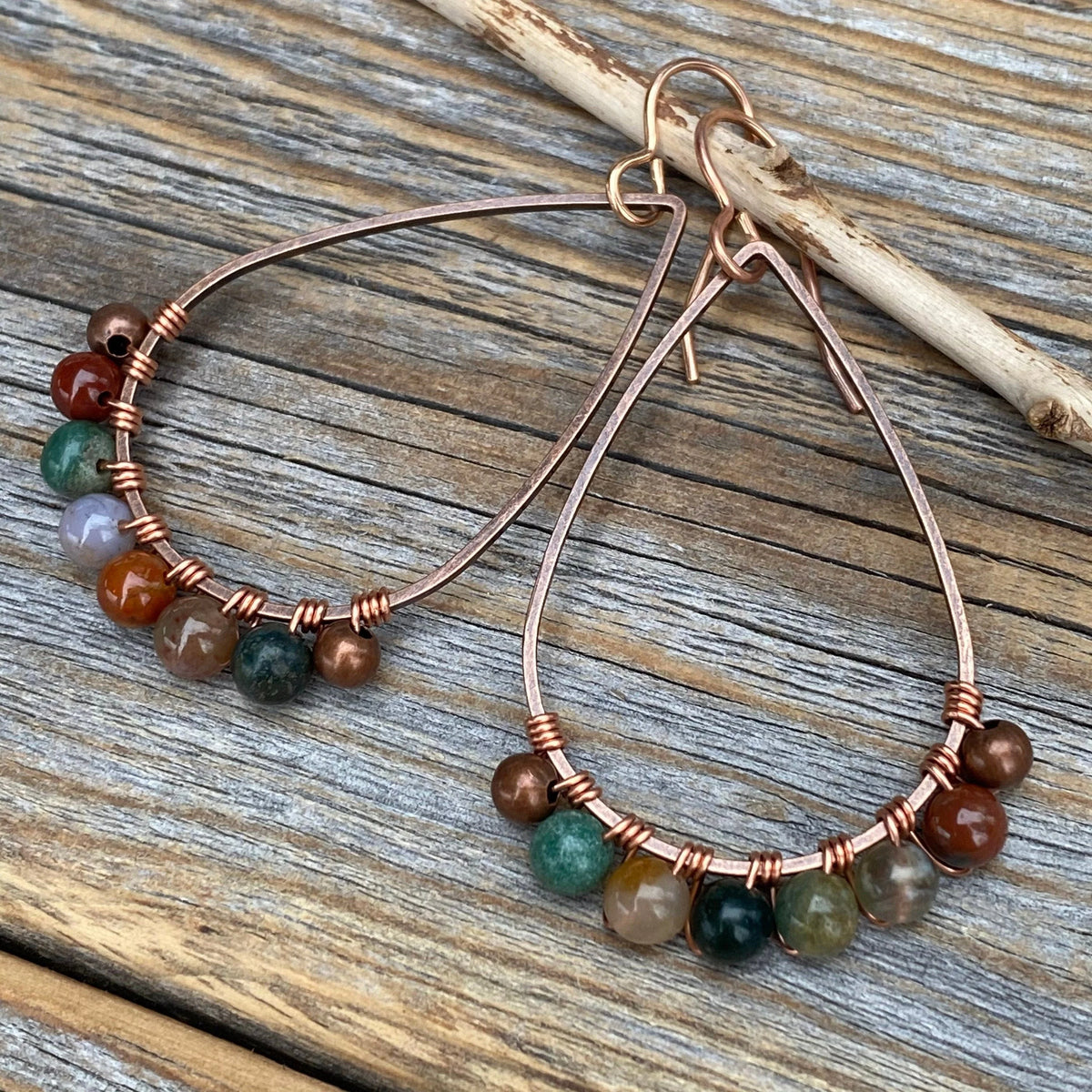 Teardrop Jasper Earrings – Colorful Copper Boho Stone Jewelry, Wire-Wrapped Rainbow Dangles, Unique Rustic Bohemian Handmade Gift for Her