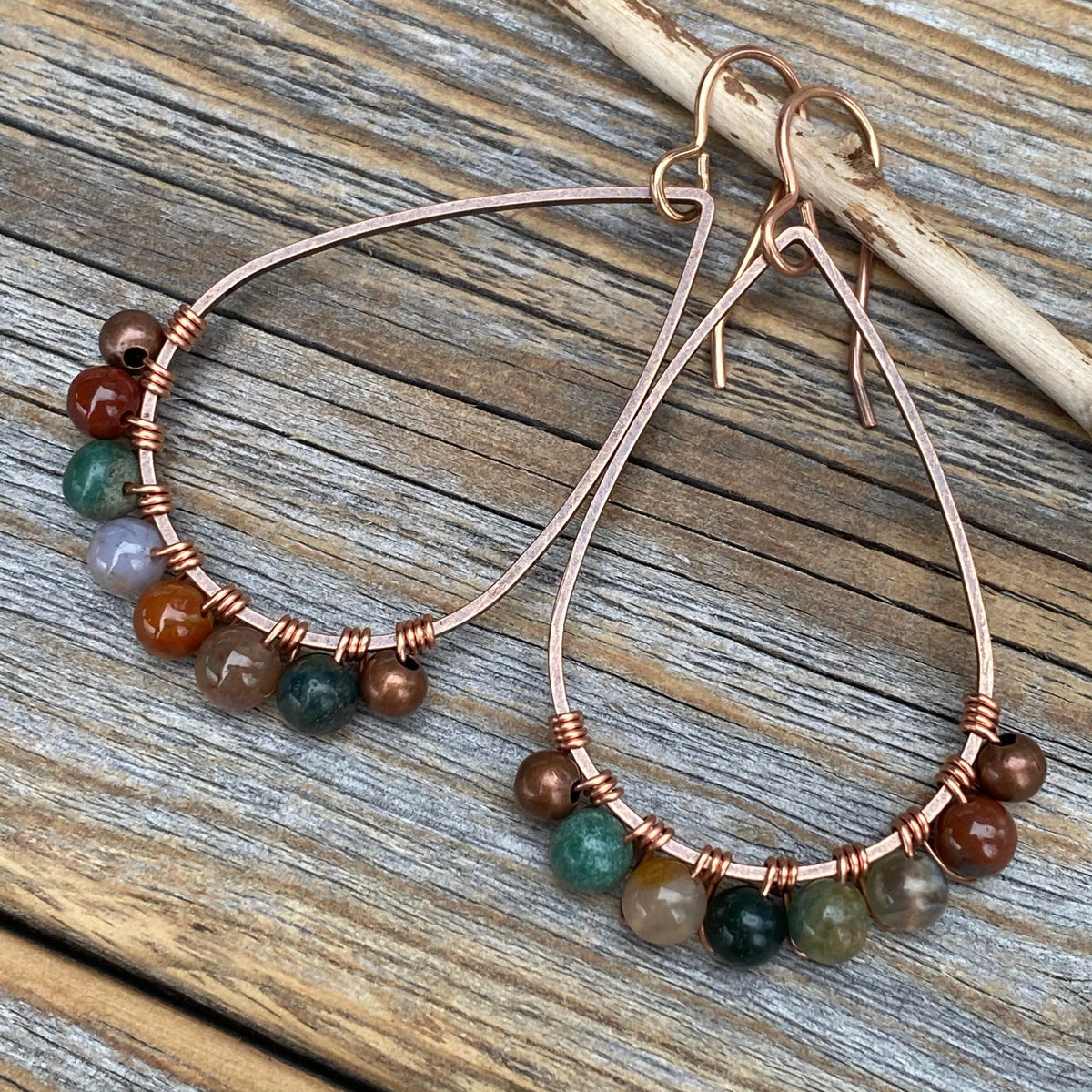 Teardrop Jasper Earrings – Colorful Copper Boho Stone Jewelry, Wire-Wrapped Rainbow Dangles, Unique Rustic Bohemian Handmade Gift for Her