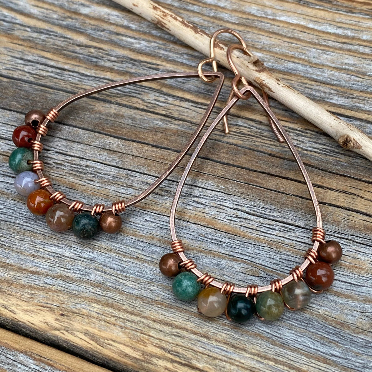 Teardrop Jasper Earrings – Colorful Copper Boho Stone Jewelry, Wire-Wrapped Rainbow Dangles, Unique Rustic Bohemian Handmade Gift for Her