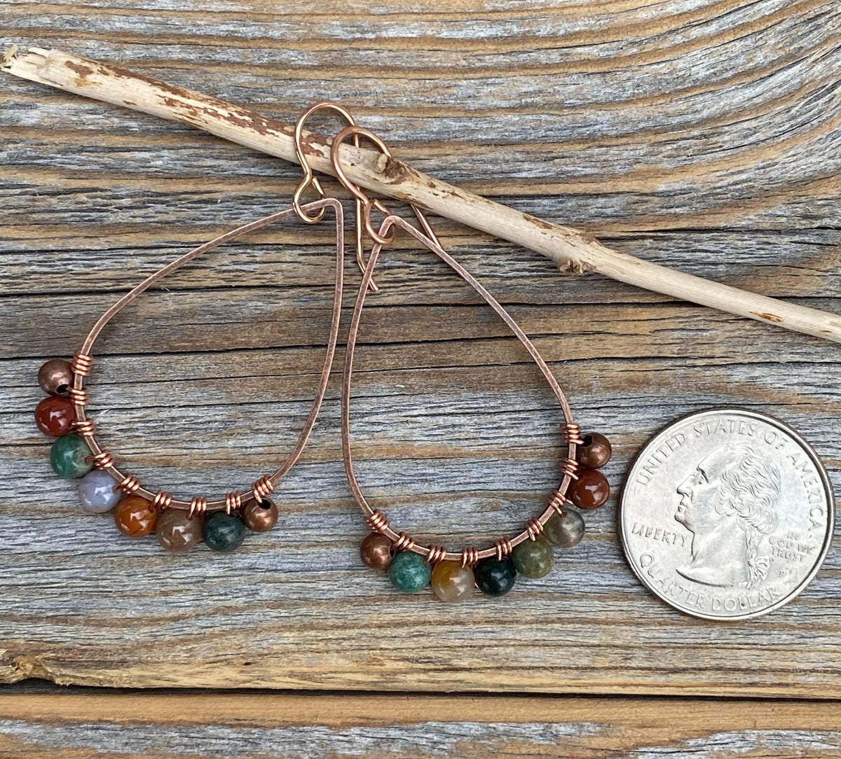 Teardrop Jasper Earrings – Colorful Copper Boho Stone Jewelry, Wire-Wrapped Rainbow Dangles, Unique Rustic Bohemian Handmade Gift for Her