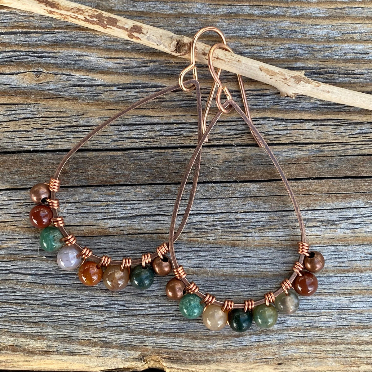 Teardrop Jasper Earrings – Colorful Copper Boho Stone Jewelry, Wire-Wrapped Rainbow Dangles, Unique Rustic Bohemian Handmade Gift for Her