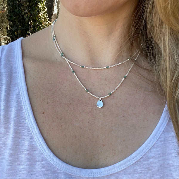 Teardrop Pendant Necklace, Ivory Czech Glass, Turquoise Beaded Double Strand