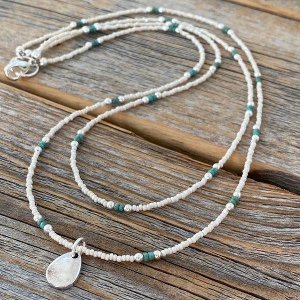 Teardrop Pendant Necklace, Ivory Czech Glass, Turquoise Beaded Double Strand