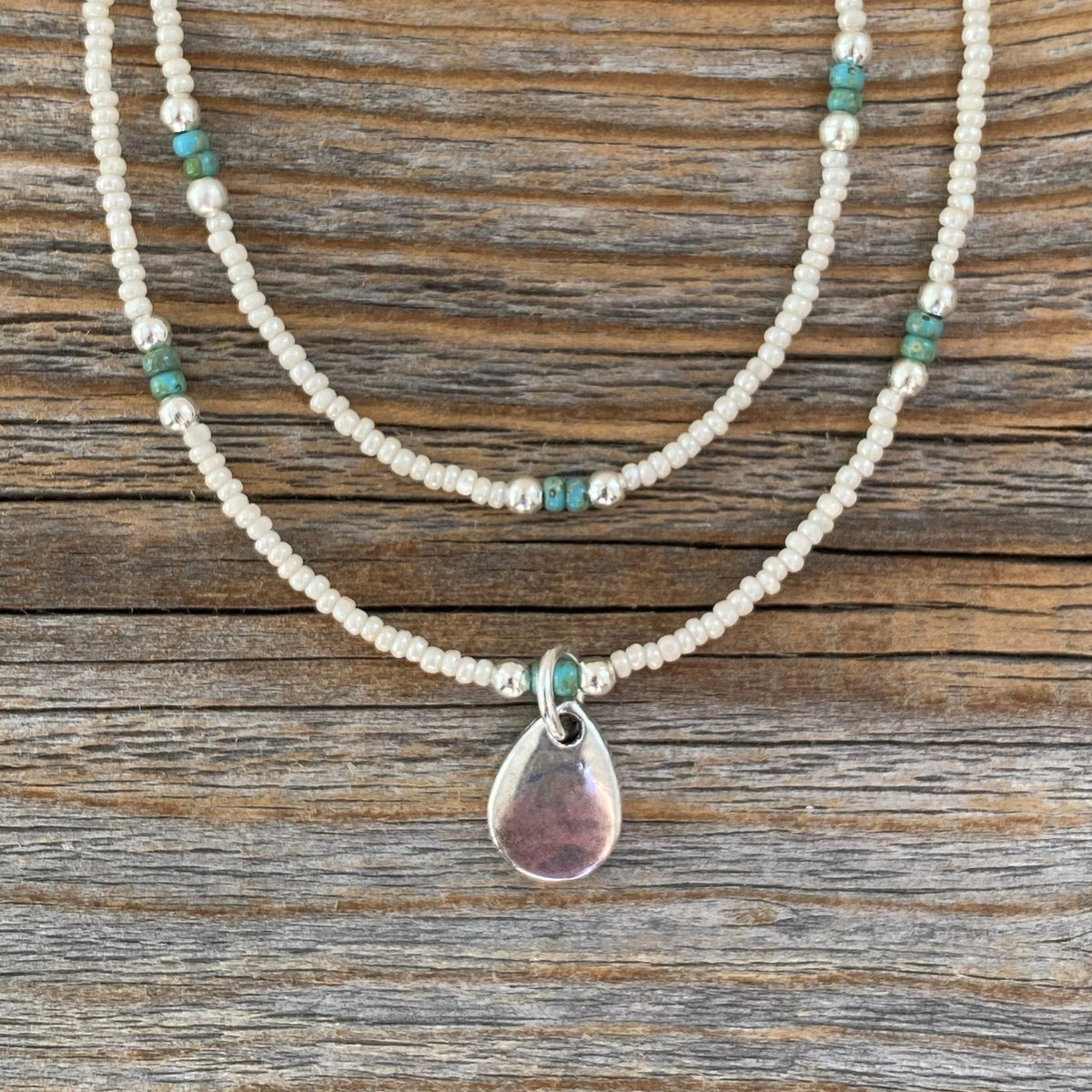 Teardrop Pendant Necklace, Ivory Czech Glass, Turquoise Beaded Double Strand