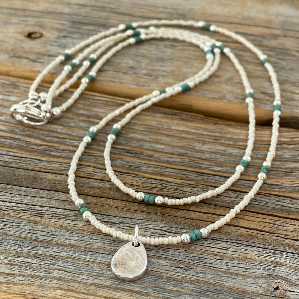 Teardrop Pendant Necklace, Ivory Czech Glass, Turquoise Beaded Double Strand