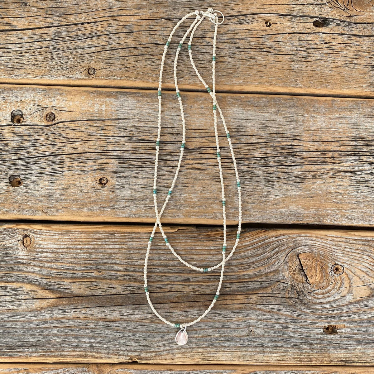 Teardrop Pendant Necklace, Ivory Czech Glass, Turquoise Beaded Double Strand