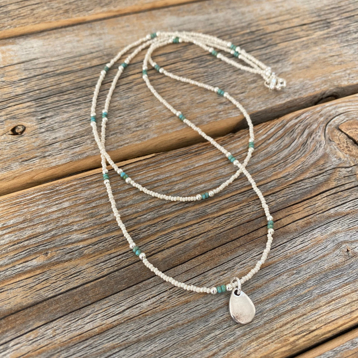 Teardrop Pendant Necklace, Ivory Czech Glass, Turquoise Beaded Double Strand