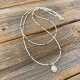 Teardrop Pendant Necklace, Ivory Czech Glass, Turquoise Beaded Double Strand