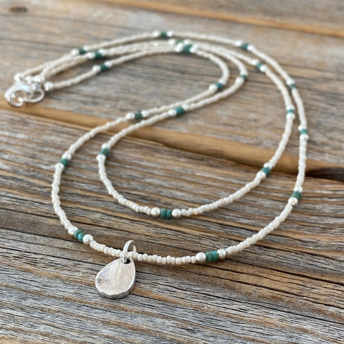 Teardrop Pendant Necklace, Ivory Czech Glass, Turquoise Beaded Double Strand