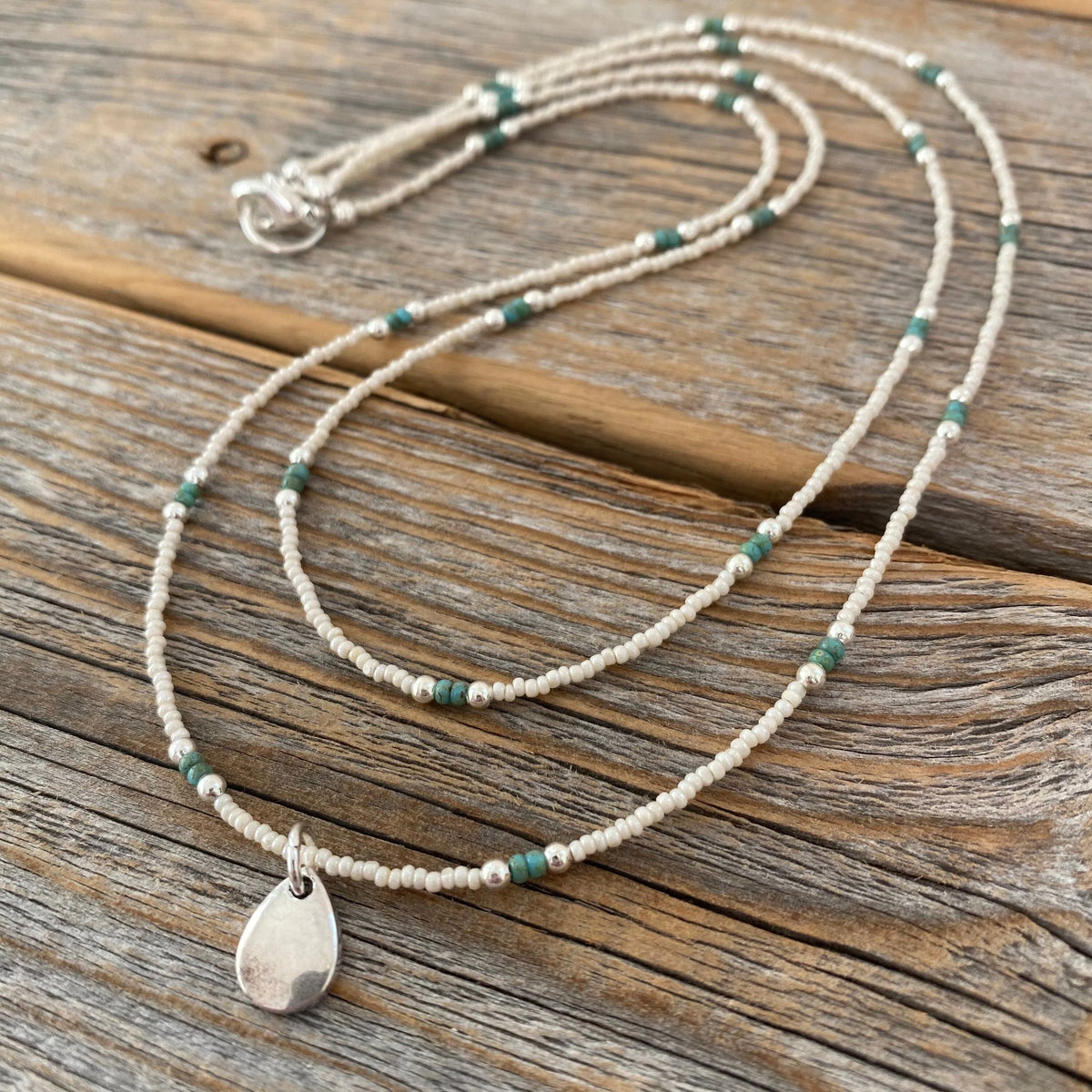 Teardrop Pendant Necklace, Ivory Czech Glass, Turquoise Beaded Double Strand