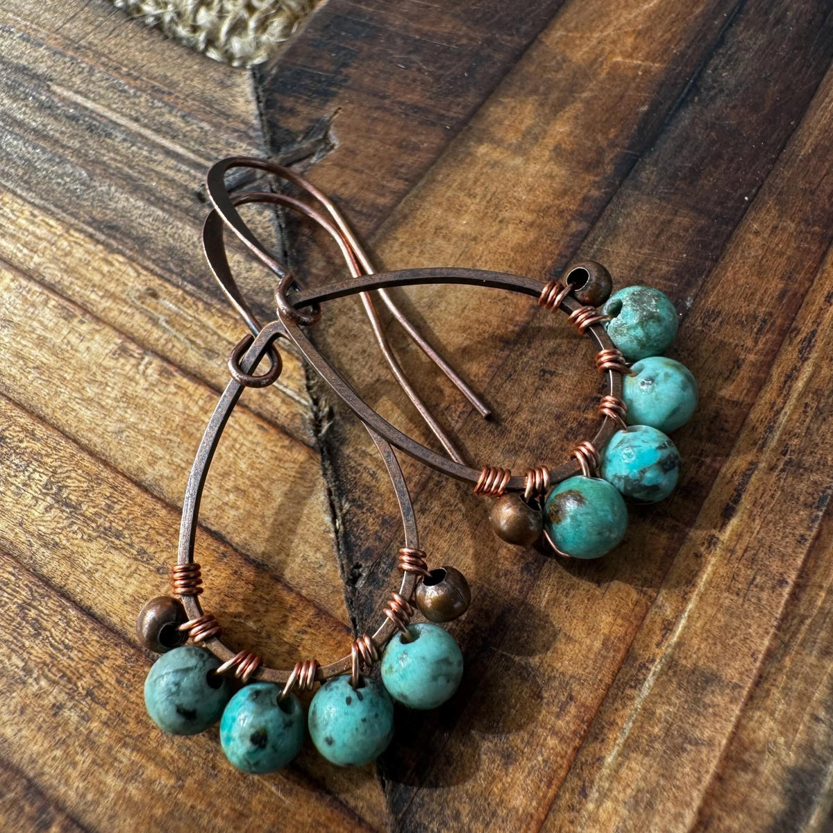 Teardrop Turquoise Earrings – Dainty Copper Wire Wrapped Jewelry