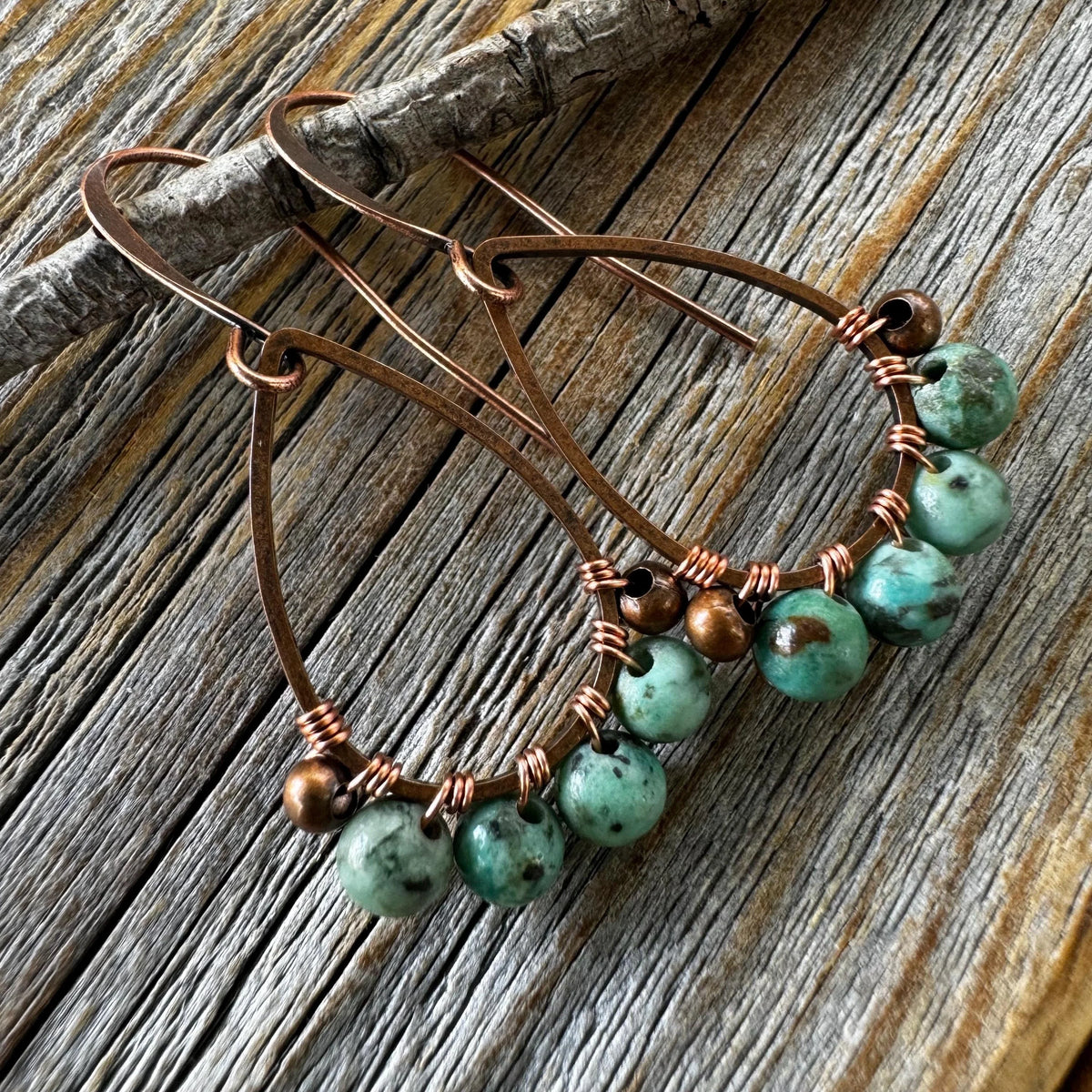 Teardrop Turquoise Earrings – Dainty Copper Wire Wrapped Jewelry
