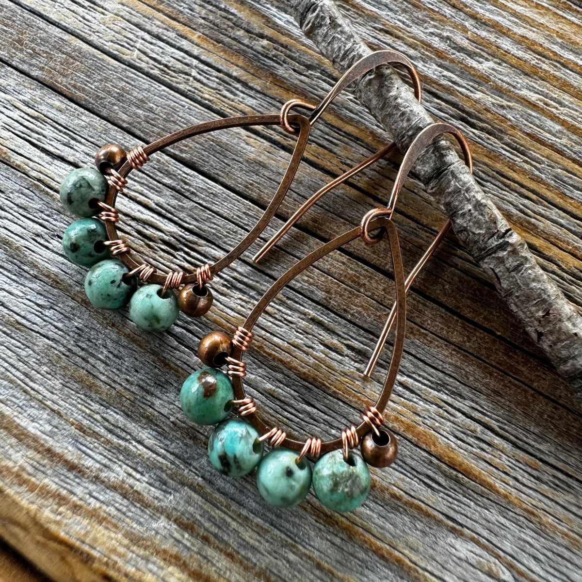 Teardrop Turquoise Earrings – Dainty Copper Wire Wrapped Jewelry