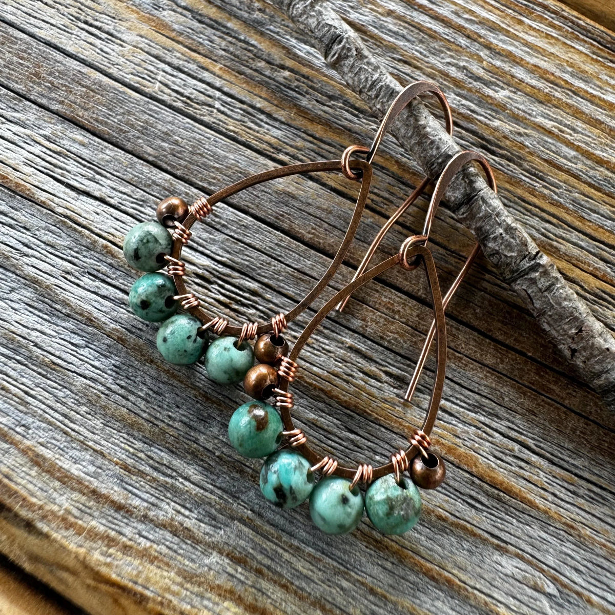 Teardrop Turquoise Earrings – Dainty Copper Wire Wrapped Jewelry