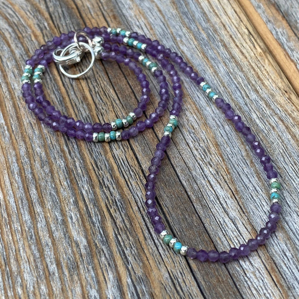 Tiny Faceted Amethyst Necklace, Silver Seed Bead & Czech Glass