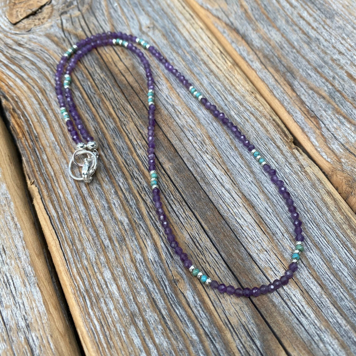 Tiny Faceted Amethyst Necklace, Silver Seed Bead & Czech Glass