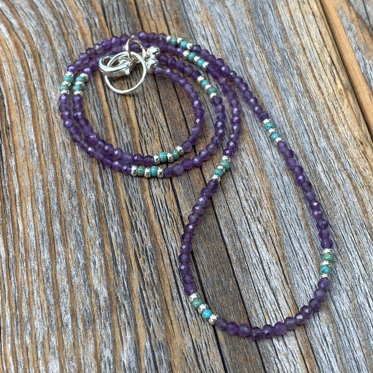 Tiny Faceted Amethyst Necklace, Silver Seed Bead & Czech Glass