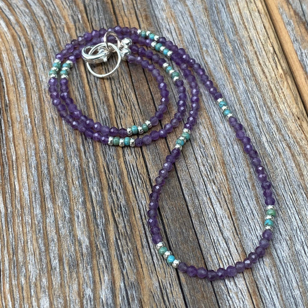 Tiny Faceted Amethyst Necklace, Silver Seed Bead & Czech Glass