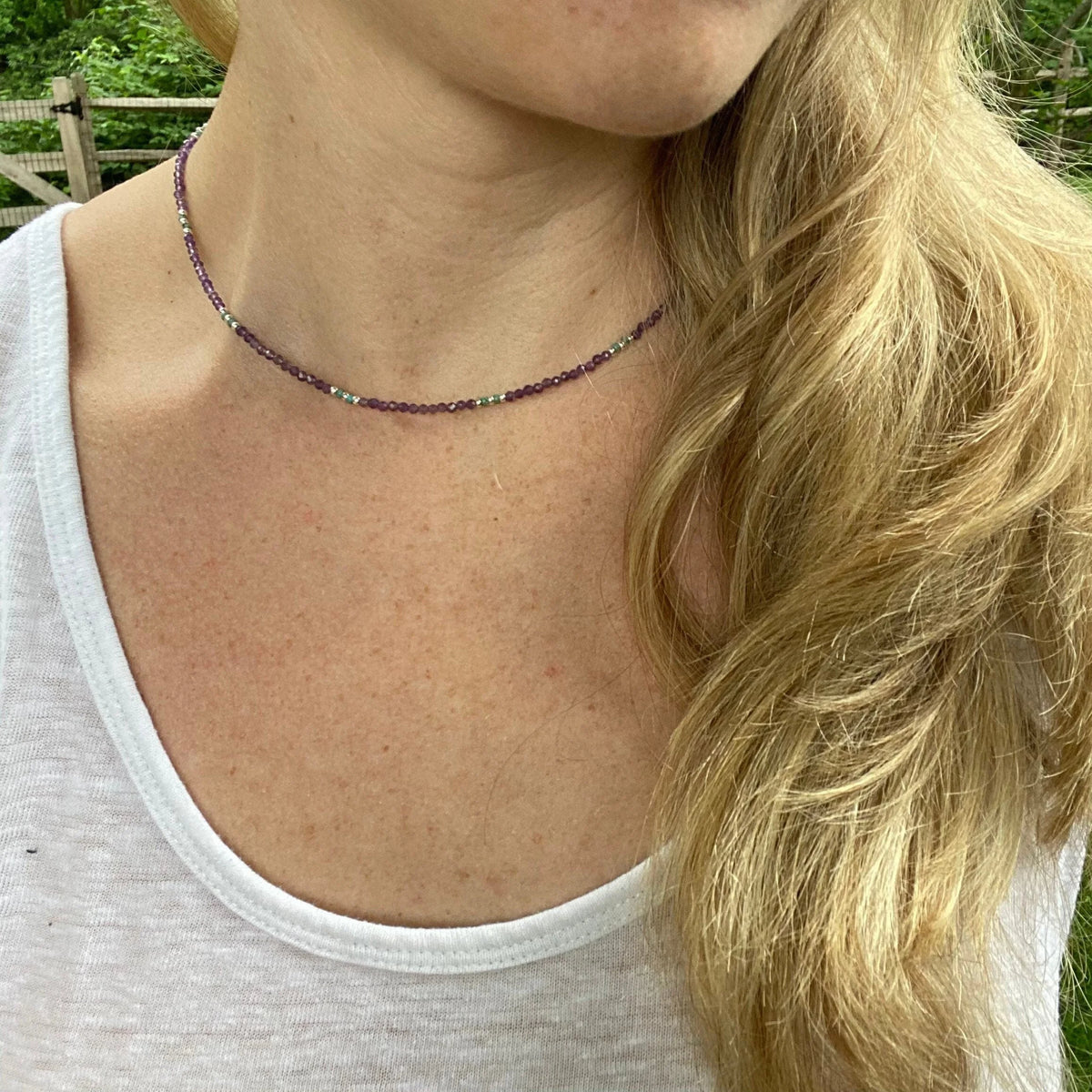 Tiny Faceted Amethyst Necklace, Silver Seed Bead & Czech Glass