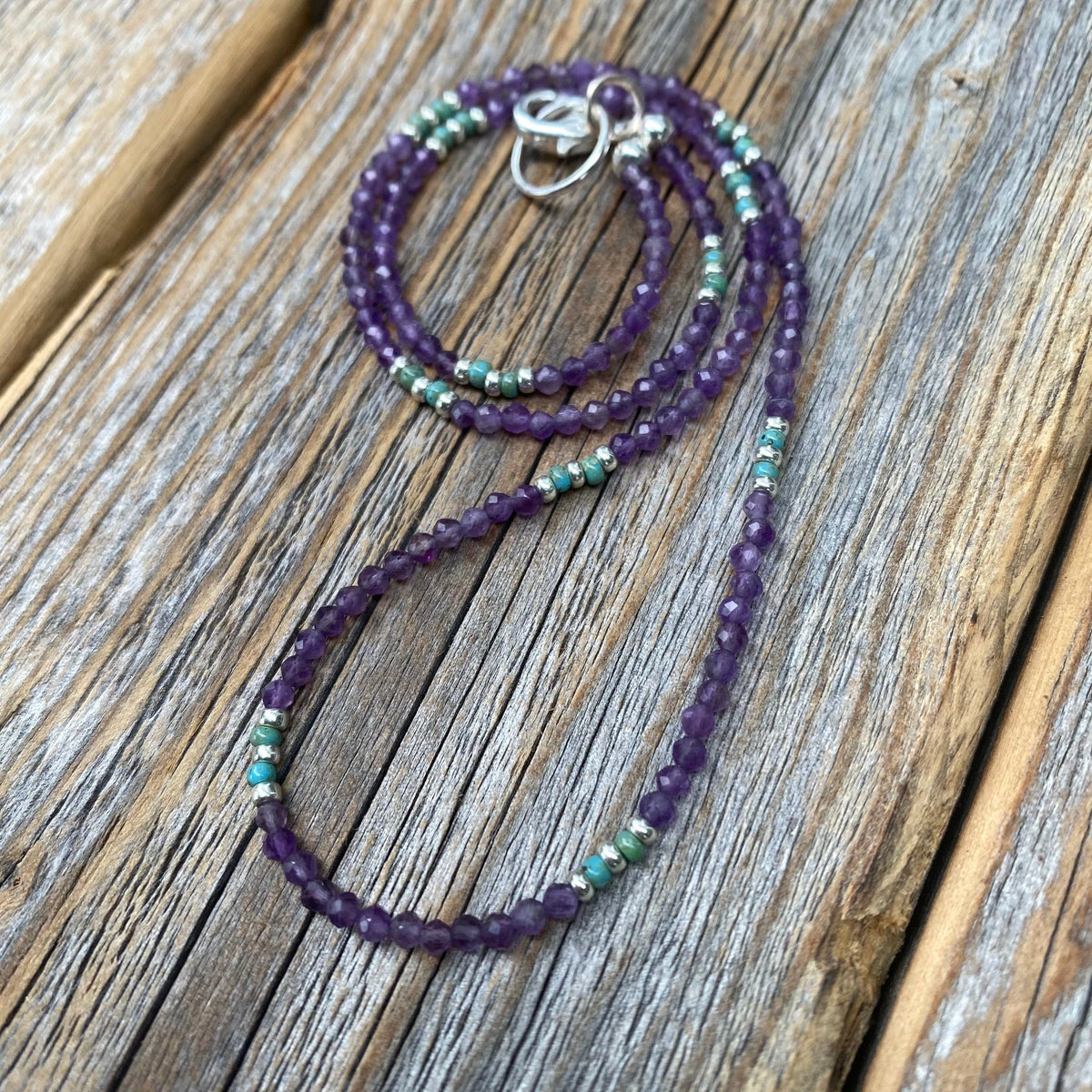 Tiny Faceted Amethyst Necklace, Silver Seed Bead & Czech Glass