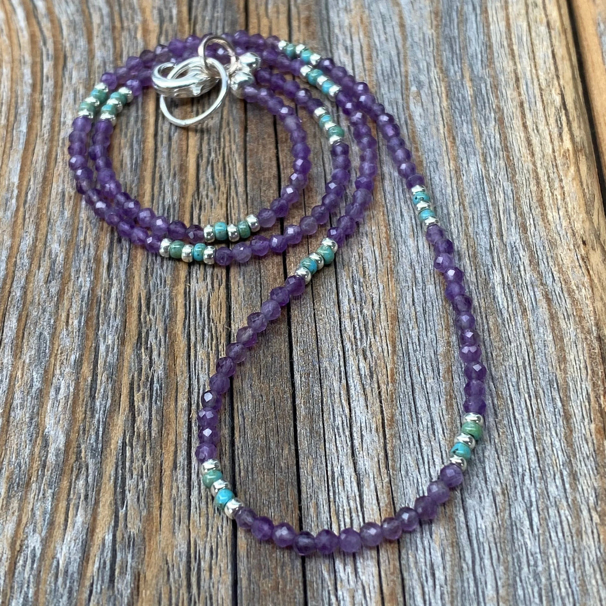 Tiny Faceted Amethyst Necklace, Silver Seed Bead & Czech Glass
