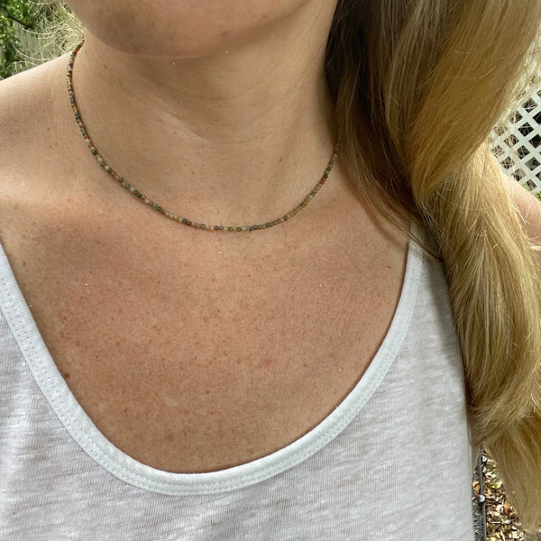 Tiny Jasper Beaded Necklace – Sterling Silver, Minimalist Layering