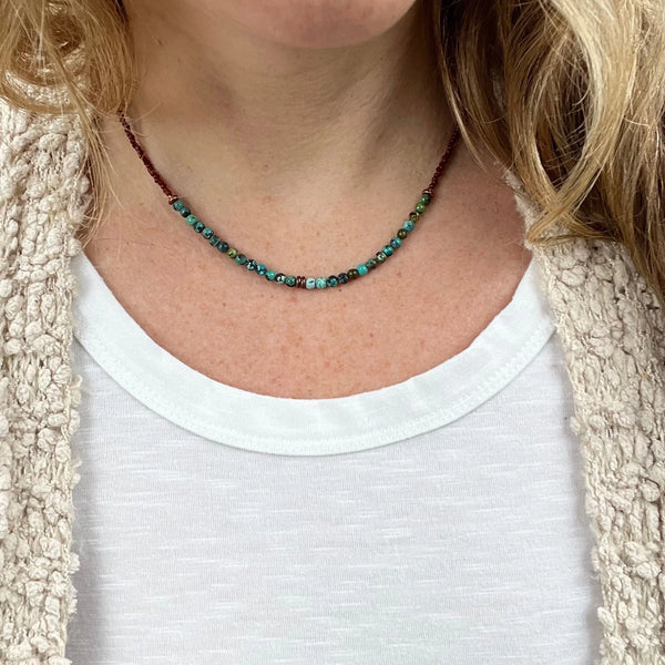 Tiny Turquoise Beaded Necklace, Earthy Boho Copper Clasp, Everyday Layering Jewelry
