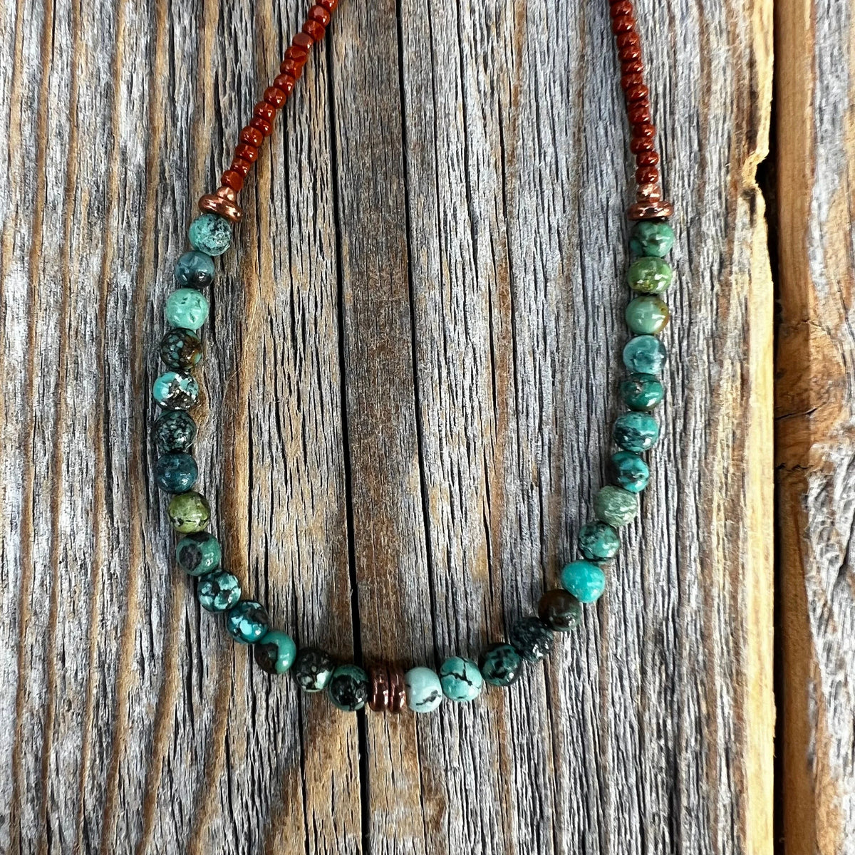 Tiny Turquoise Beaded Necklace, Earthy Boho Copper Clasp, Everyday Layering Jewelry
