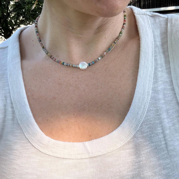 Tourmaline Bead Necklace with Freshwater Pearl - Gemstone Jewelry