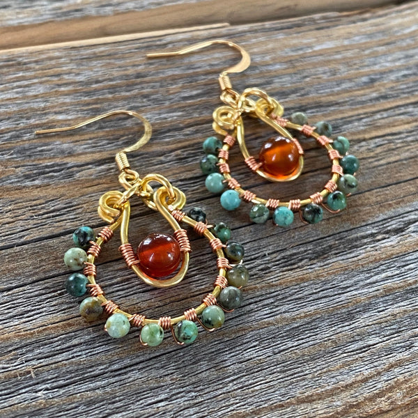 Turquoise and Carnelian Beaded Hoop Earrings, Wire Wrapped Boho Jewelry