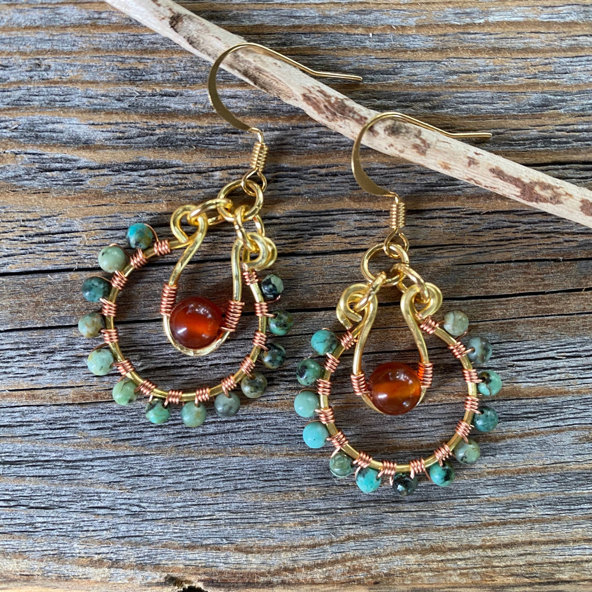 Turquoise and Carnelian Beaded Hoop Earrings, Wire Wrapped Boho Jewelry