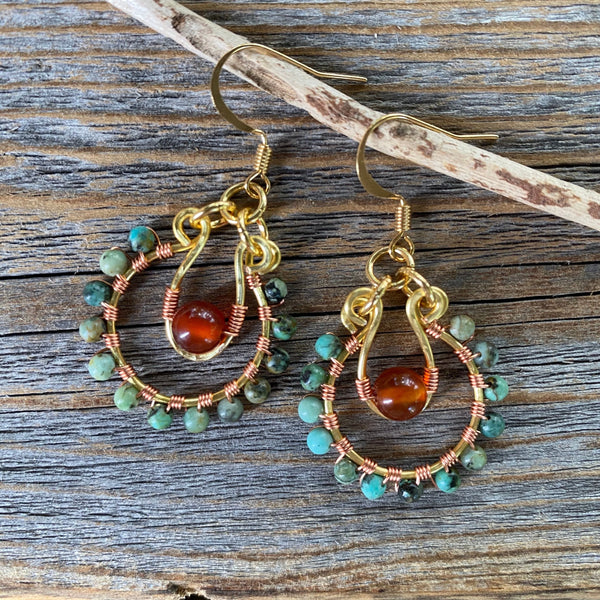 Turquoise and Carnelian Beaded Hoop Earrings, Wire Wrapped Boho Jewelry