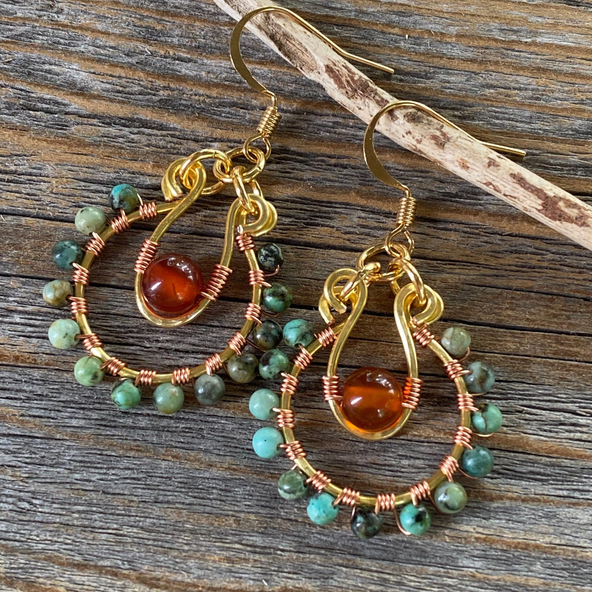 Turquoise and Carnelian Beaded Hoop Earrings, Wire Wrapped Boho Jewelry