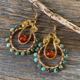 Turquoise and Carnelian Beaded Hoop Earrings, Wire Wrapped Boho Jewelry