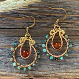 Turquoise and Carnelian Beaded Hoop Earrings, Wire Wrapped Boho Jewelry