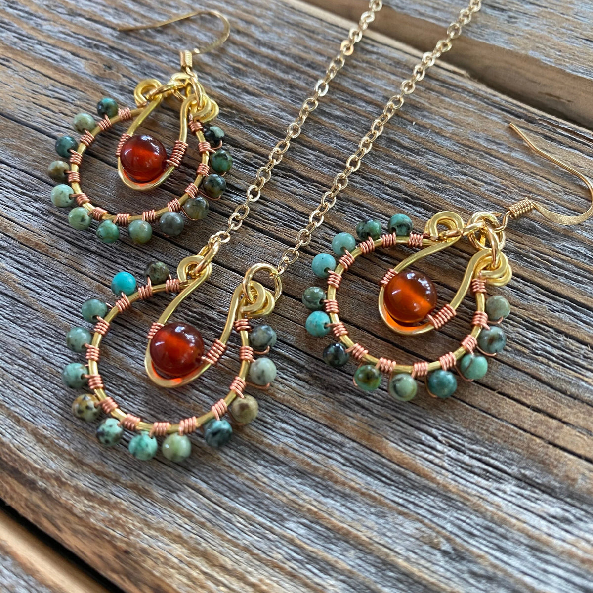 Turquoise and Carnelian Beaded Hoop Earrings, Wire Wrapped Boho Jewelry