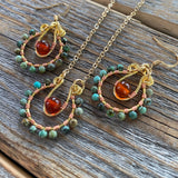Turquoise and Carnelian Beaded Hoop Earrings, Wire Wrapped Boho Jewelry