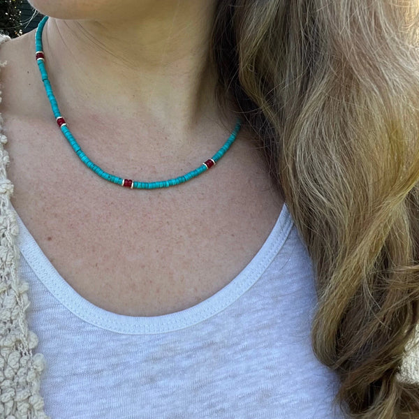 Turquoise and Coral Heishi Necklace – Sterling Silver Accents