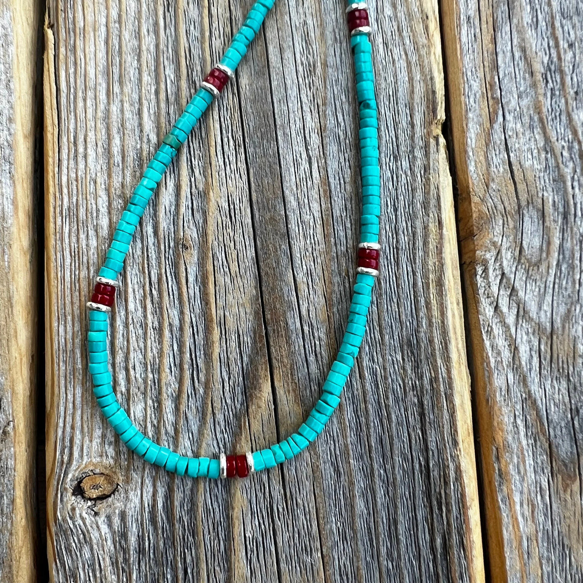Turquoise and Coral Heishi Necklace – Sterling Silver Accents