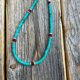Turquoise and Coral Heishi Necklace – Sterling Silver Accents