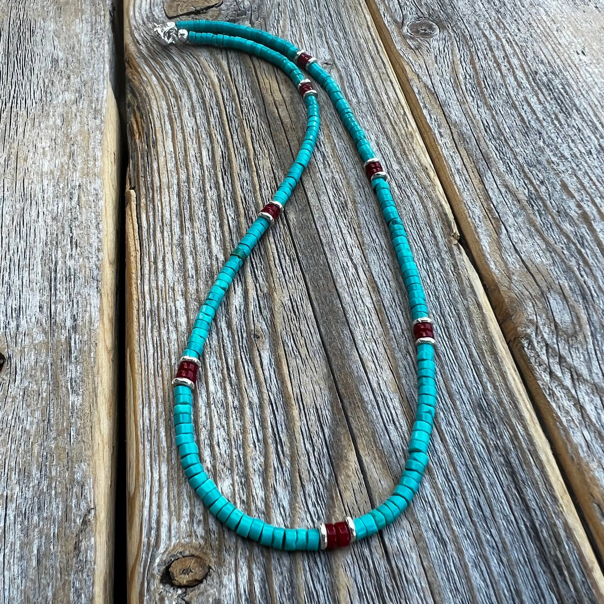 Turquoise and Coral Heishi Necklace – Sterling Silver Accents
